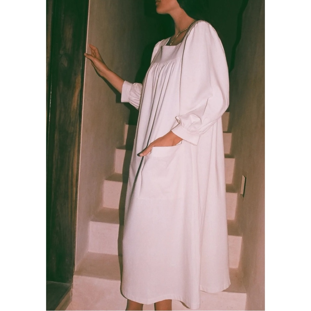 Na Nin Eunice Raw Silk MuuMuu - Cream White Puff Sleeve Relaxed Fit Midi Dress - Picture 2 of 10